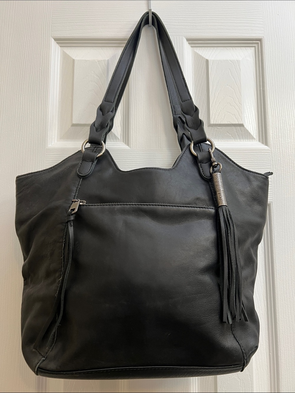 The Sak Black Women's Leather Tote Bag with Tassel Braids Accents